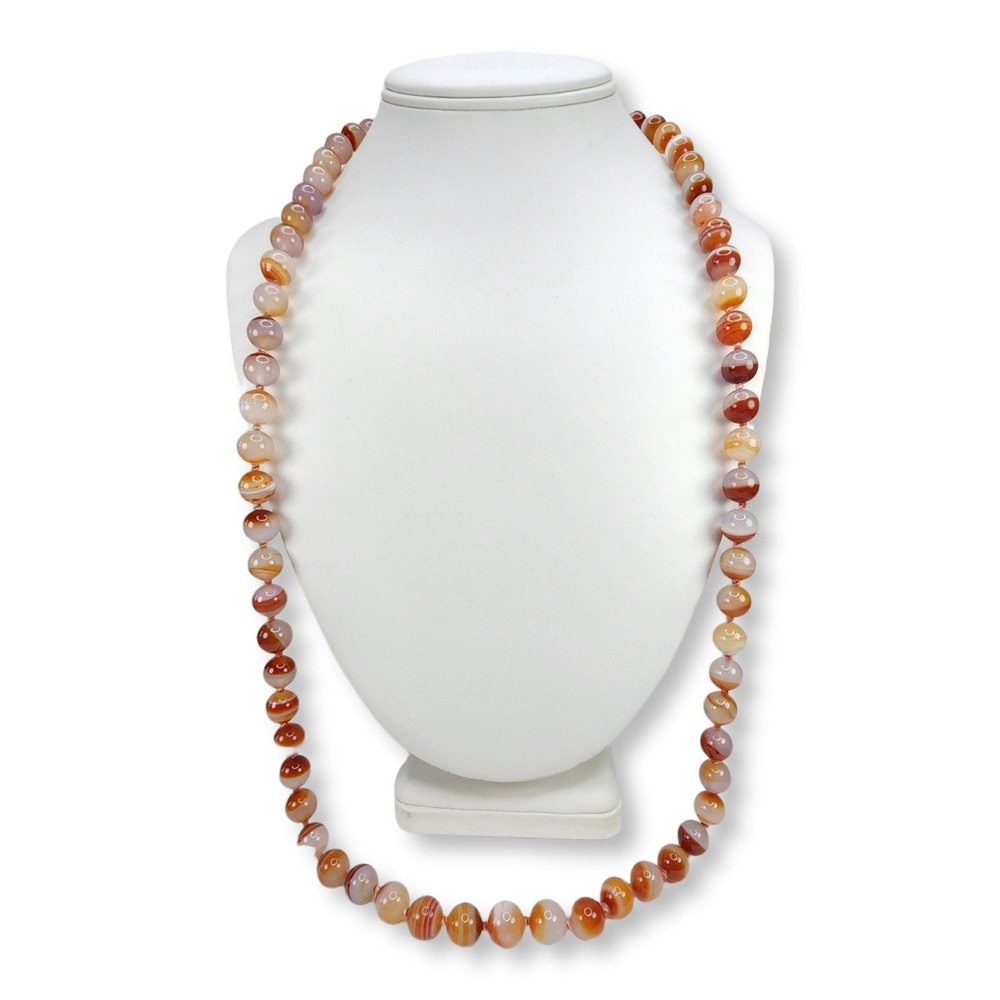 Vintage Round Beaded Rust and Clear Agate Stone Necklace 32" Long‎